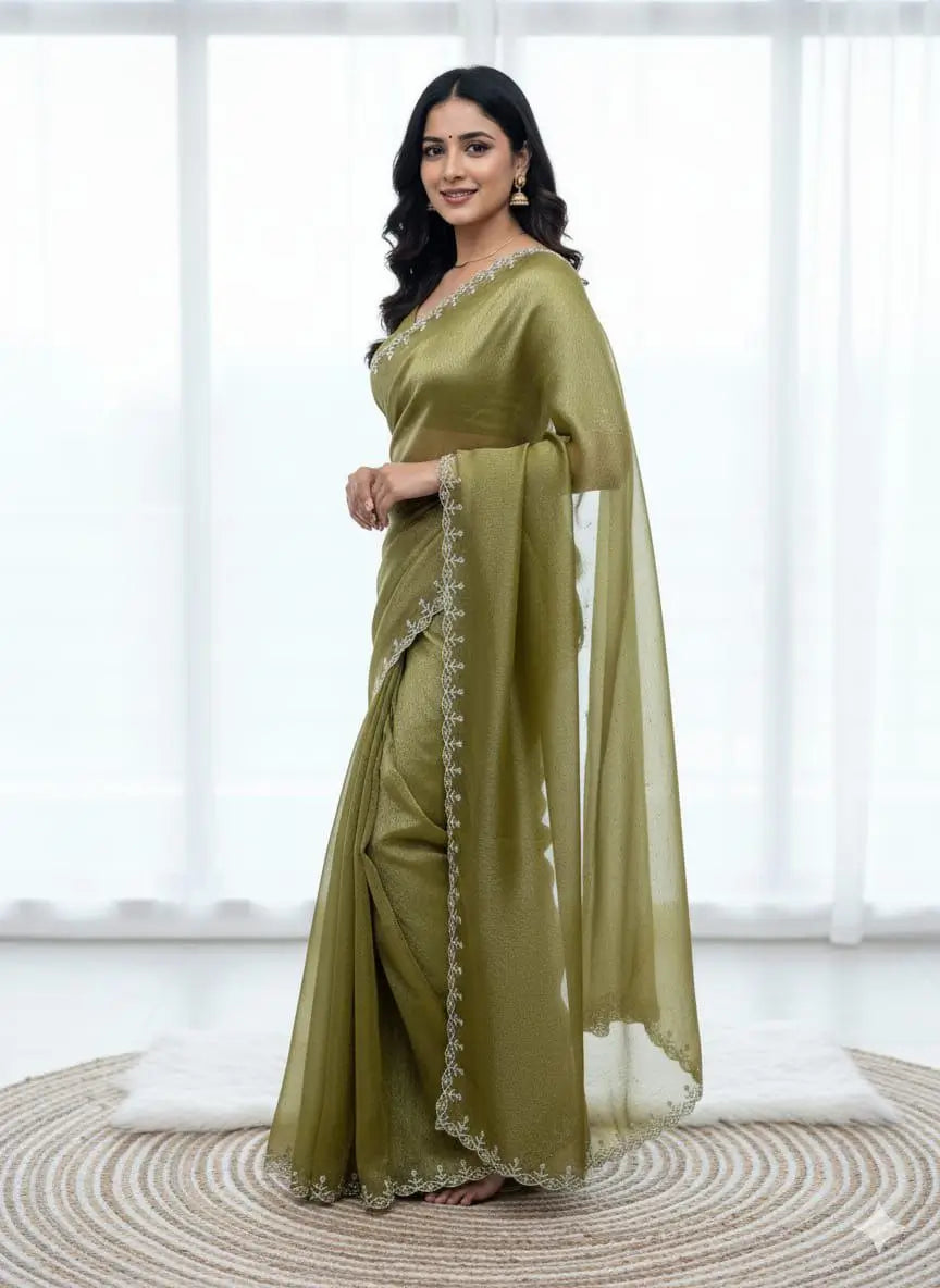 Fandy Satin Zari Weaving Saree with Siroski Border