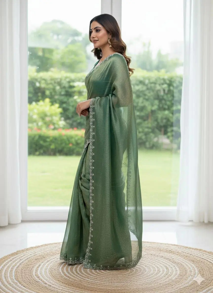 Fandy Satin Zari Weaving Saree with Siroski Border