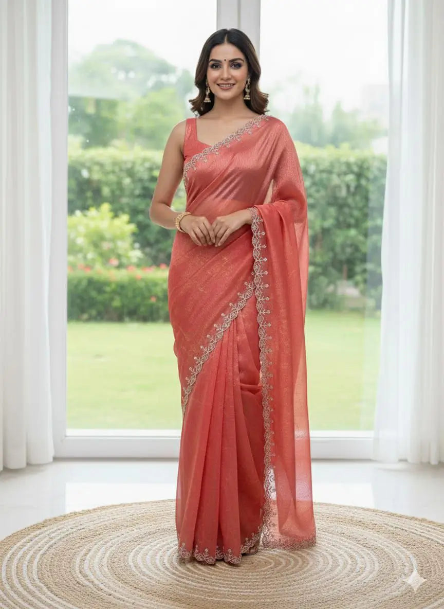 Fandy Satin Zari Weaving Saree with Siroski Border