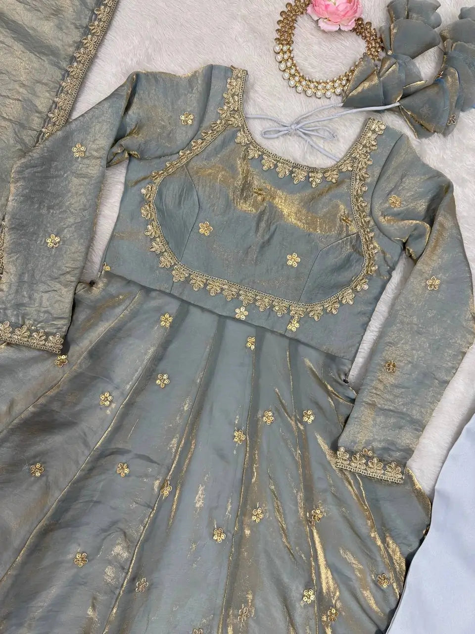 Fandy Silk Coded and Sequin Embroidered Gown Set