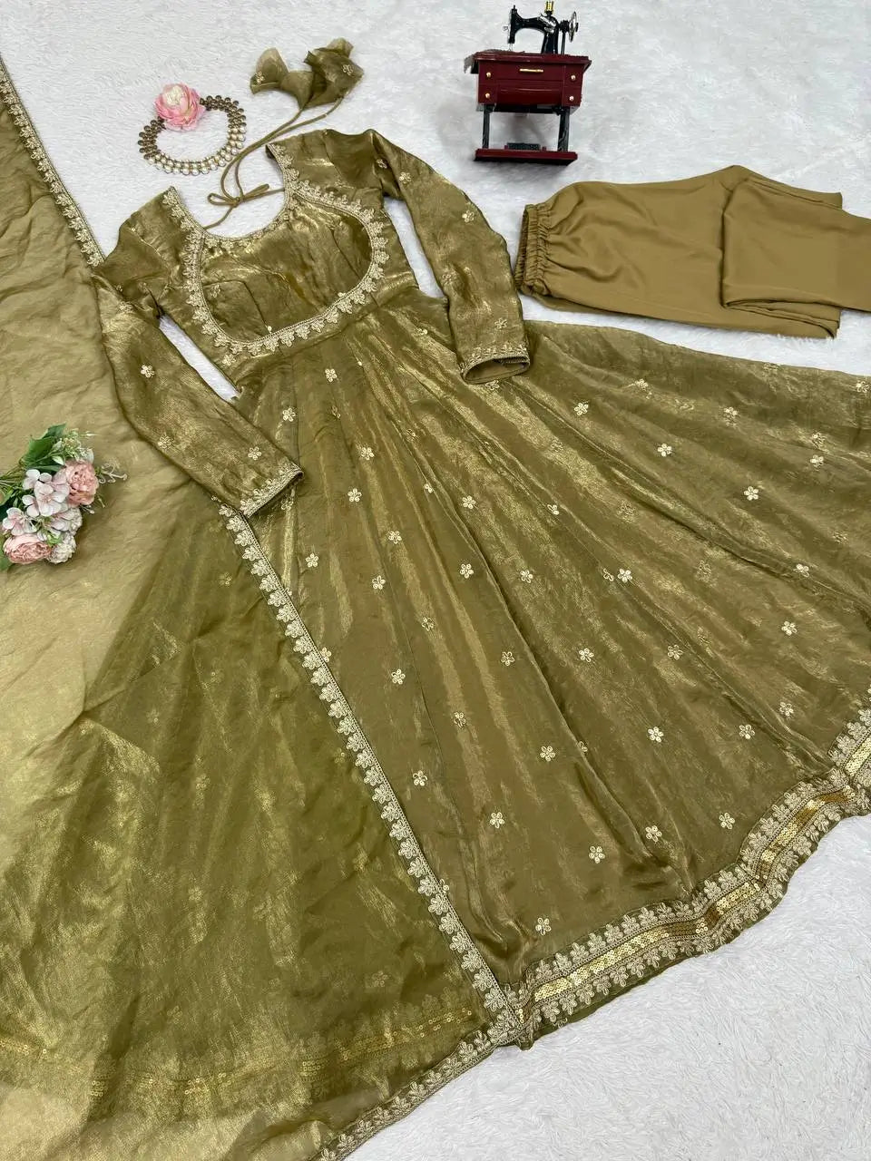 Fandy Silk Coded and Sequin Embroidered Gown Set