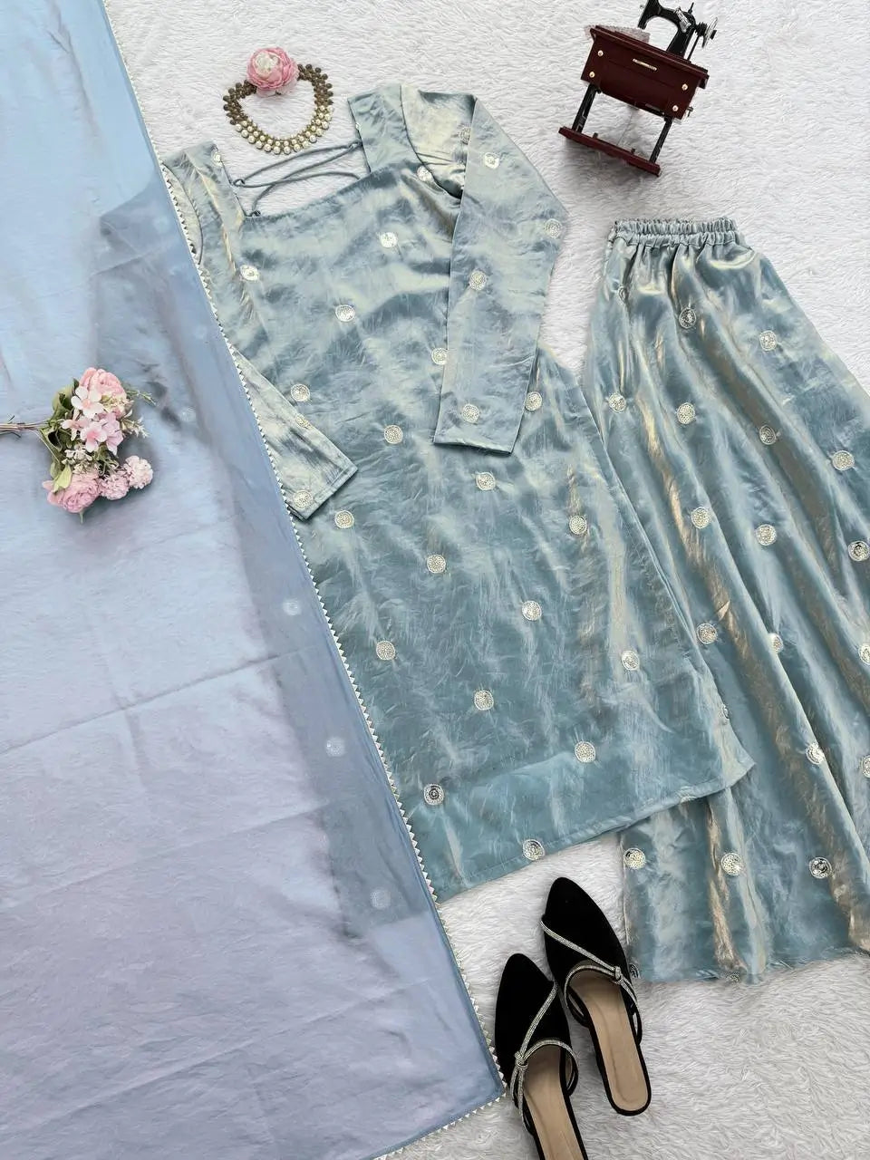 Fandy Silk Embroidered Kurta Set with Palazzo & Dupatta – Sequence Detailing