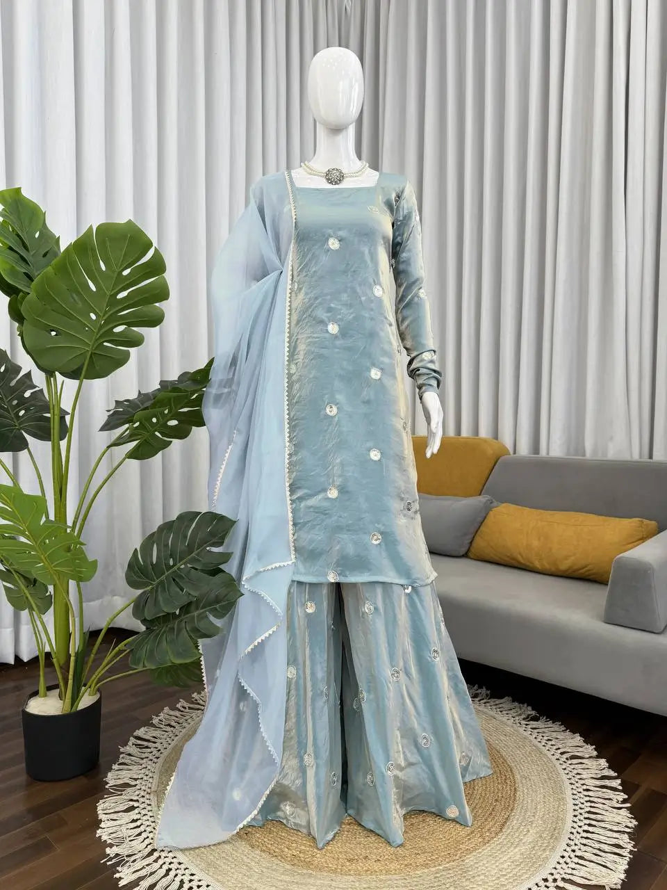 Fandy Silk Embroidered Kurta Set with Palazzo & Dupatta – Sequence Detailing