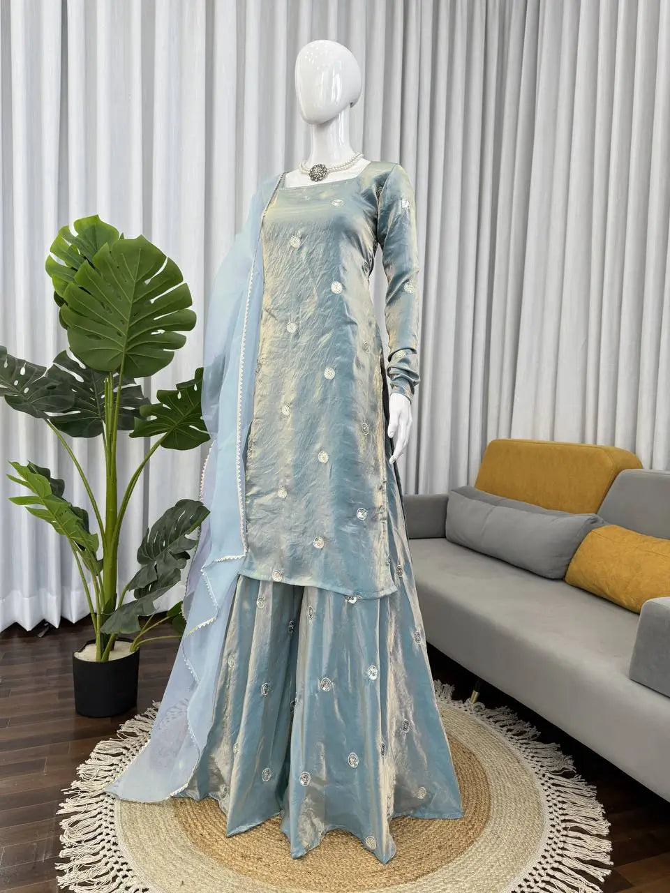 Fandy Silk Embroidered Kurta Set with Palazzo & Dupatta – Sequence Detailing