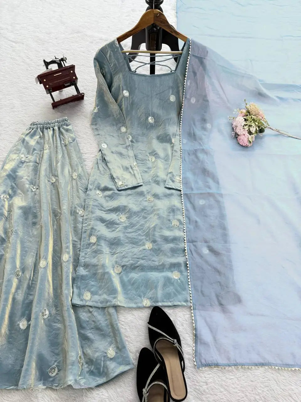 Fandy Silk Embroidered Kurta Set with Palazzo & Dupatta – Sequence Detailing