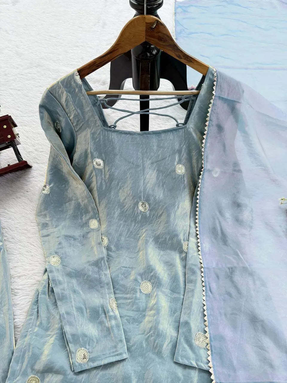 Fandy Silk Embroidered Kurta Set with Palazzo & Dupatta – Sequence Detailing