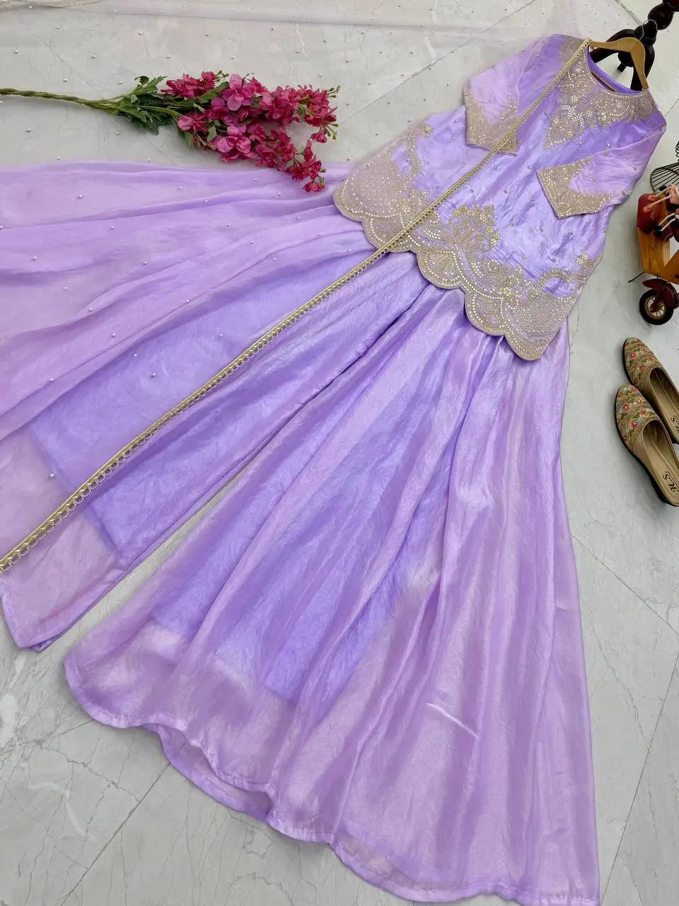 Fandy Silk Embroidered Sequin Diamond Handwork Kurti Palazzo Set with Net Moti Dupatta | Party Festive Wear