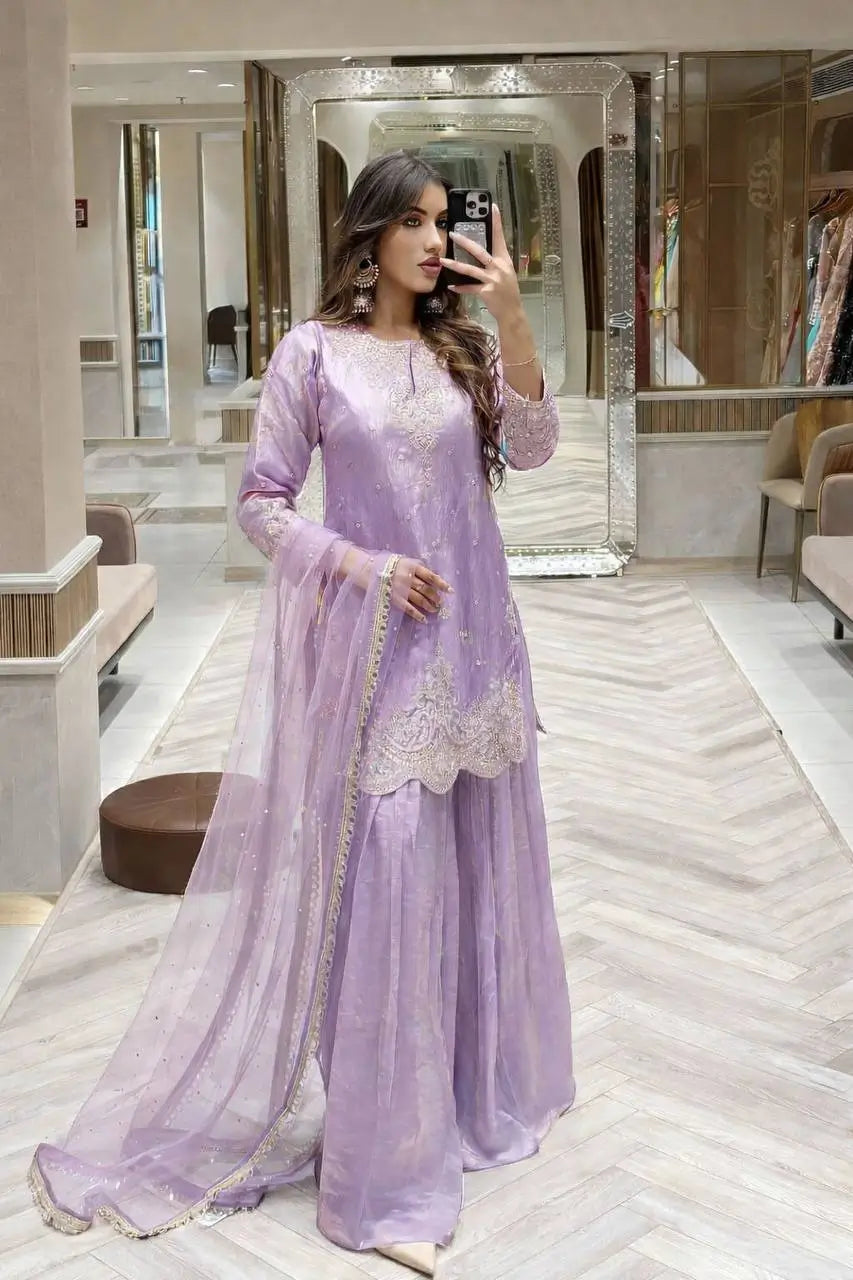 Fandy Silk Embroidered Sequin Diamond Handwork Kurti Palazzo Set with Net Moti Dupatta | Party Festive Wear