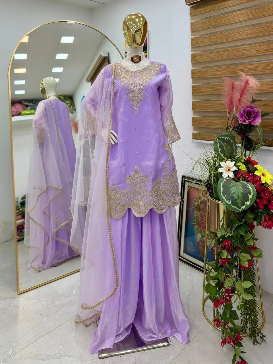 Fandy Silk Embroidered Sequin Diamond Handwork Kurti Palazzo Set with Net Moti Dupatta | Party Festive Wear