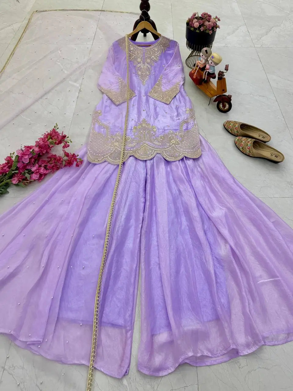 Fandy Silk Embroidered Sequin Diamond Handwork Kurti Palazzo Set with Net Moti Dupatta | Party Festive Wear