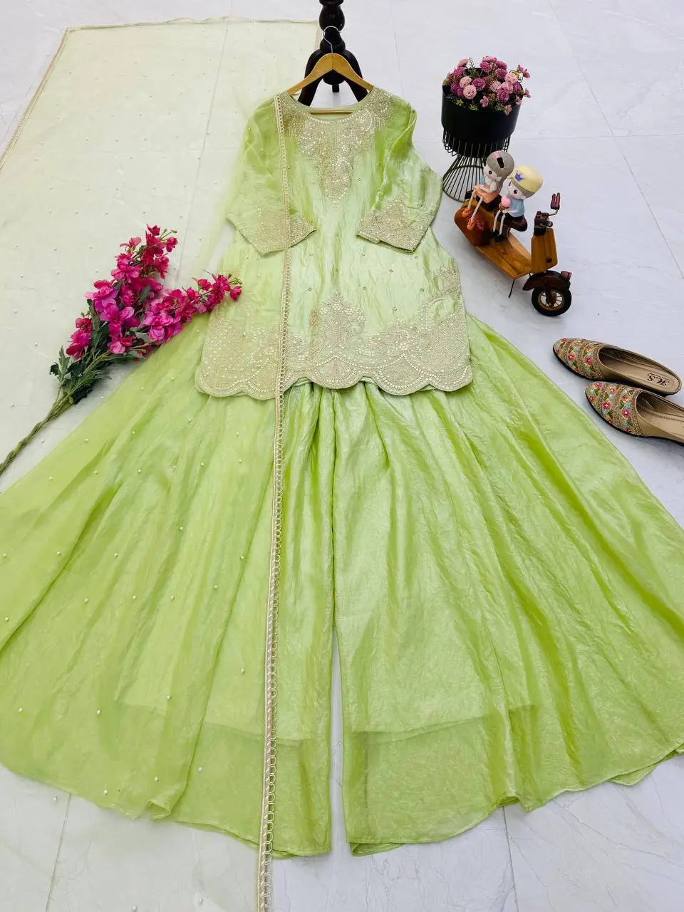 Fandy Silk Embroidered Sequin Diamond Handwork Kurti Palazzo Set with Net Moti Dupatta | Party Festive Wear