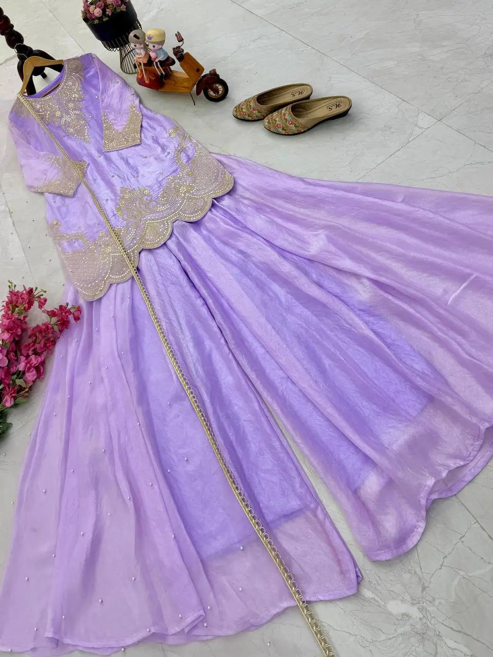 Fandy Silk Embroidered Sequin Diamond Handwork Kurti Palazzo Set with Net Moti Dupatta | Party Festive Wear