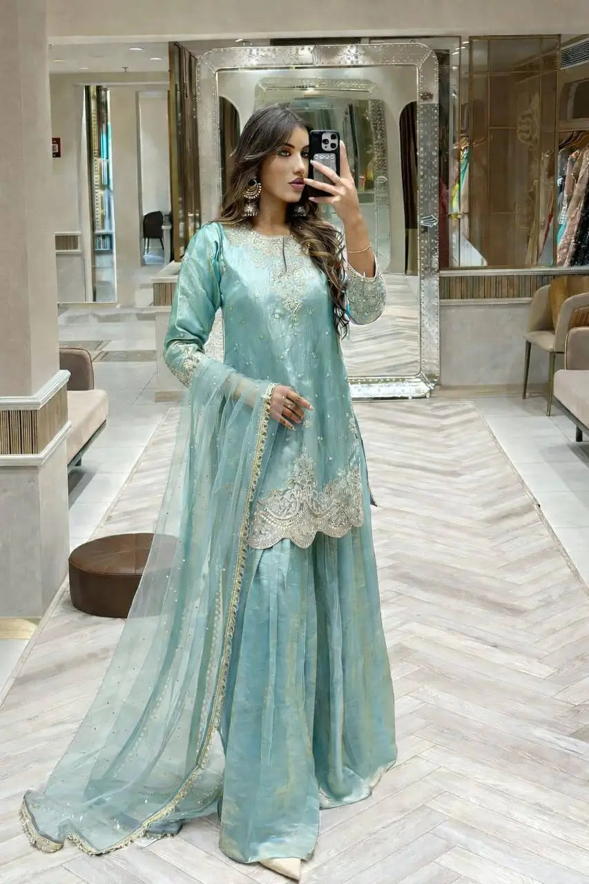 Fandy Silk Embroidered Sequin Diamond Handwork Kurti Palazzo Set with Net Moti Dupatta | Party Festive Wear