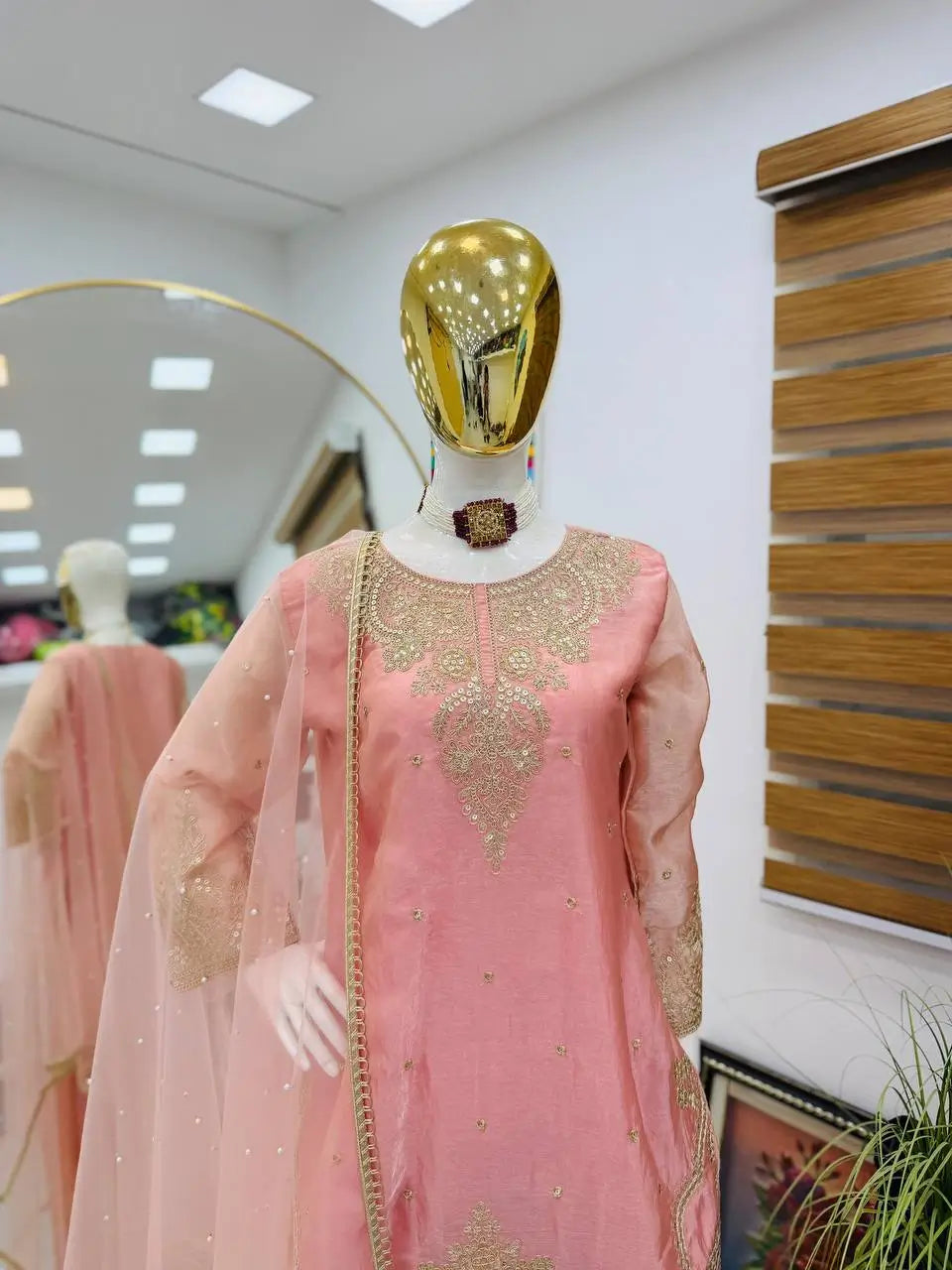 Fandy Silk Embroidered Sequin Diamond Handwork Kurti Palazzo Set with Net Moti Dupatta | Party Festive Wear