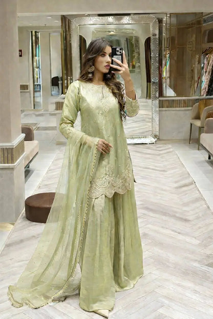 Fandy Silk Embroidered Sequin Diamond Handwork Kurti Palazzo Set with Net Moti Dupatta | Party Festive Wear