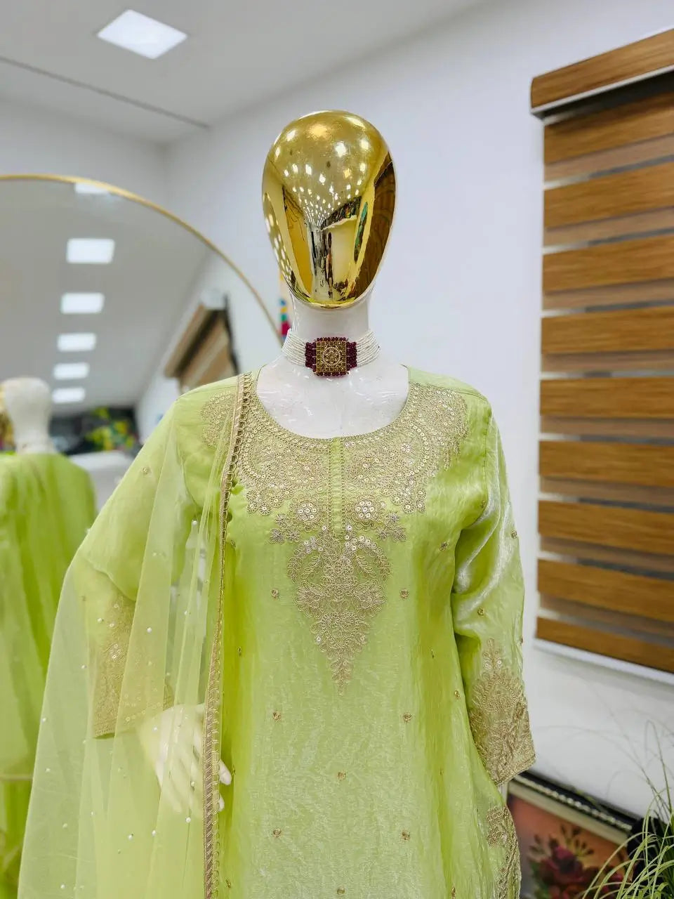 Fandy Silk Embroidered Sequin Diamond Handwork Kurti Palazzo Set with Net Moti Dupatta | Party Festive Wear