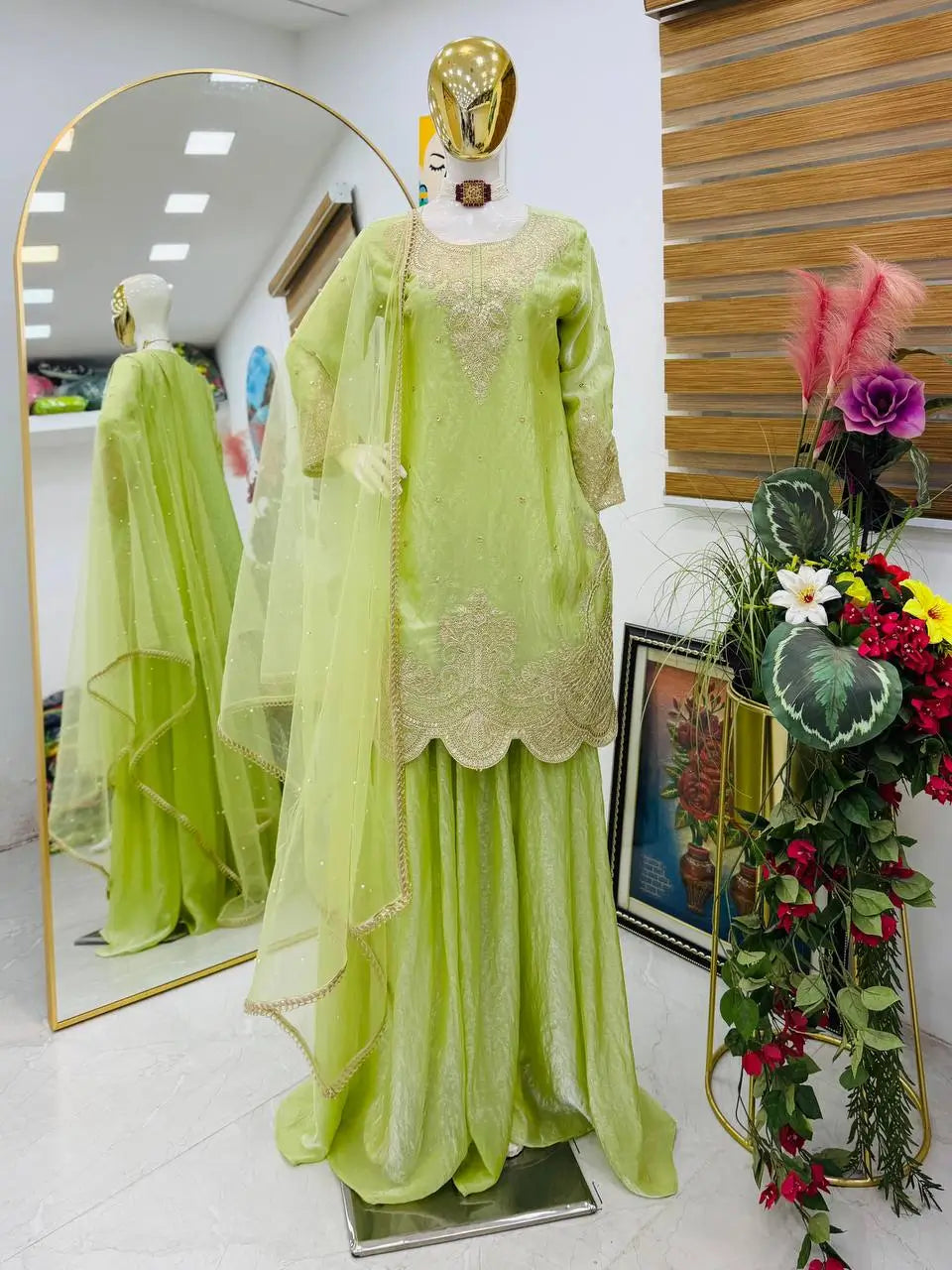 Fandy Silk Embroidered Sequin Diamond Handwork Kurti Palazzo Set with Net Moti Dupatta | Party Festive Wear