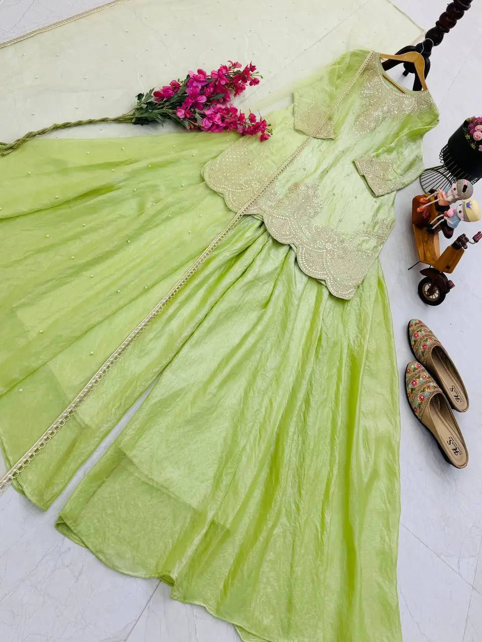 Fandy Silk Embroidered Sequin Diamond Handwork Kurti Palazzo Set with Net Moti Dupatta | Party Festive Wear