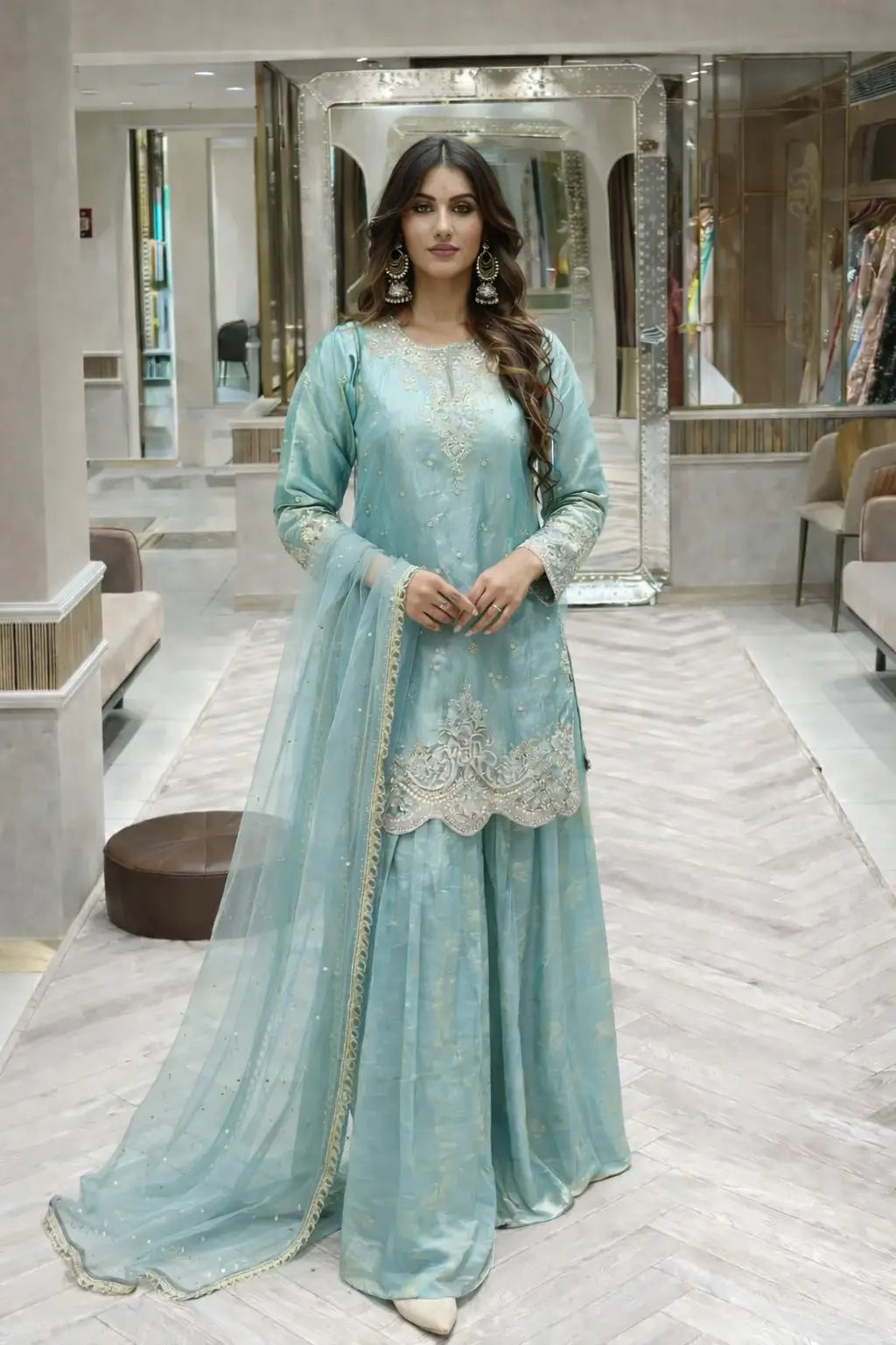 Fandy Silk Embroidered Sequin Diamond Handwork Kurti Palazzo Set with Net Moti Dupatta | Party Festive Wear