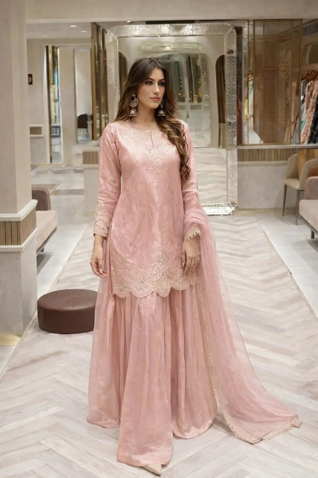 Fandy Silk Embroidered Sequin Diamond Handwork Kurti Palazzo Set with Net Moti Dupatta | Party Festive Wear