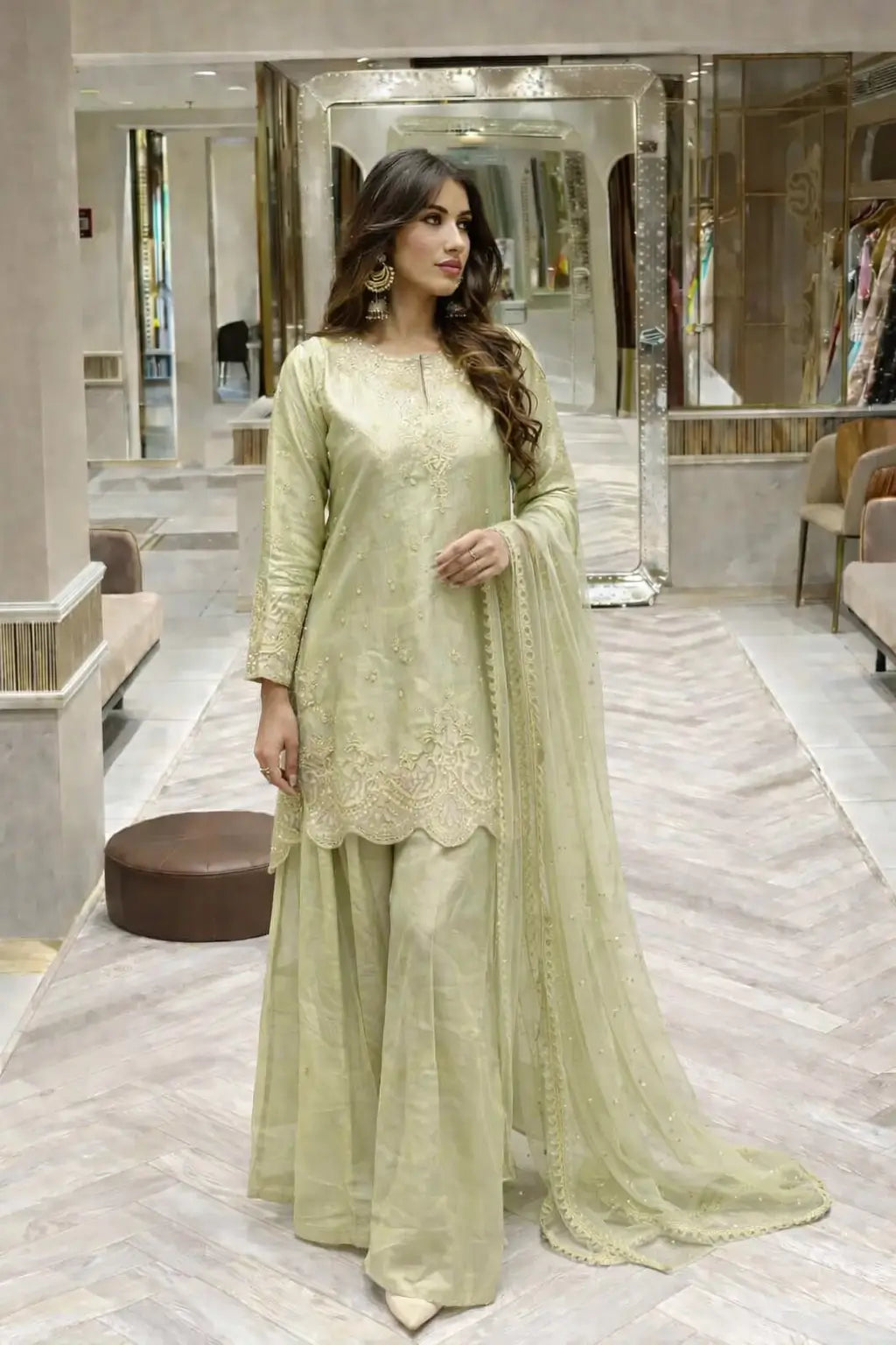 Fandy Silk Embroidered Sequin Diamond Handwork Kurti Palazzo Set with Net Moti Dupatta | Party Festive Wear
