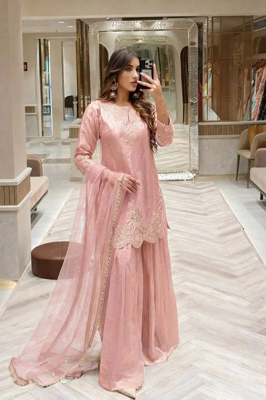 Fandy Silk Embroidered Sequin Diamond Handwork Kurti Palazzo Set with Net Moti Dupatta | Party Festive Wear