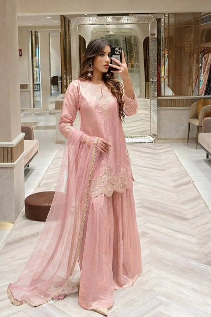 Fandy Silk Embroidered Sequin Diamond Handwork Kurti Palazzo Set with Net Moti Dupatta | Party Festive Wear