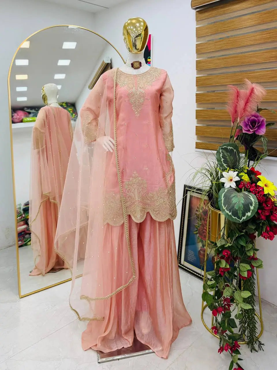Fandy Silk Embroidered Sequin Diamond Handwork Kurti Palazzo Set with Net Moti Dupatta | Party Festive Wear