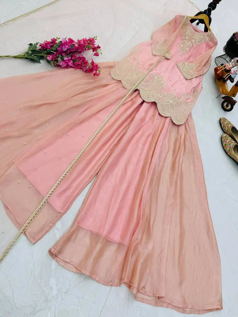 Fandy Silk Embroidered Sequin Diamond Handwork Kurti Palazzo Set with Net Moti Dupatta | Party Festive Wear