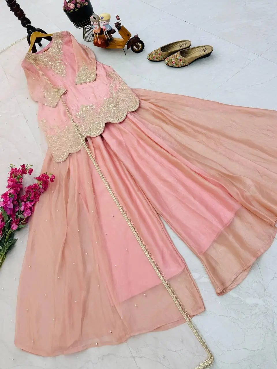 Fandy Silk Embroidered Sequin Diamond Handwork Kurti Palazzo Set with Net Moti Dupatta | Party Festive Wear