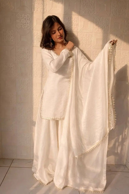Fandy Silk Mirror Work Kurti Palazzo Set with Dupatta | Festive Party Wear