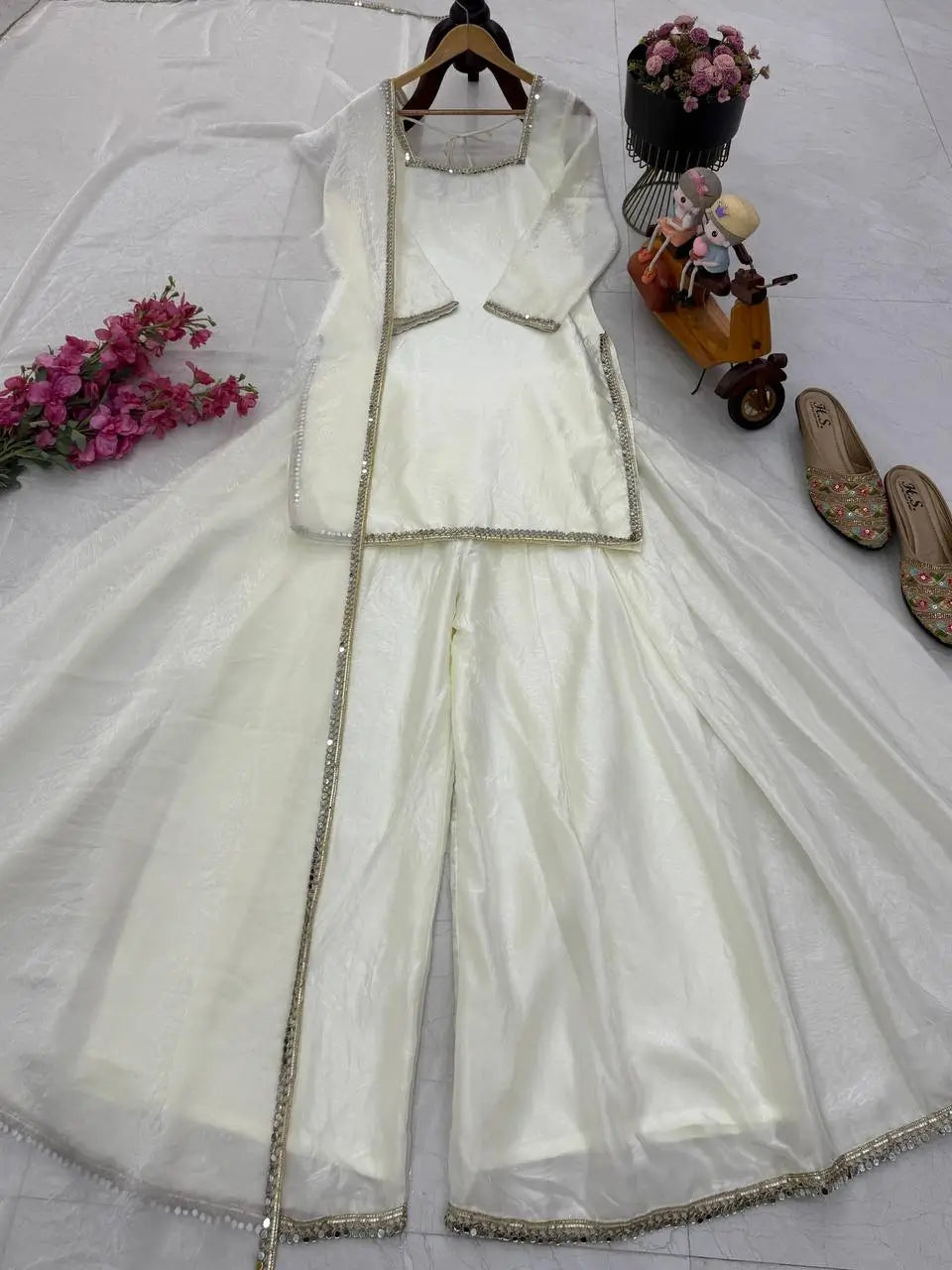 Fandy Silk Mirror Work Kurti Palazzo Set with Dupatta | Festive Party Wear