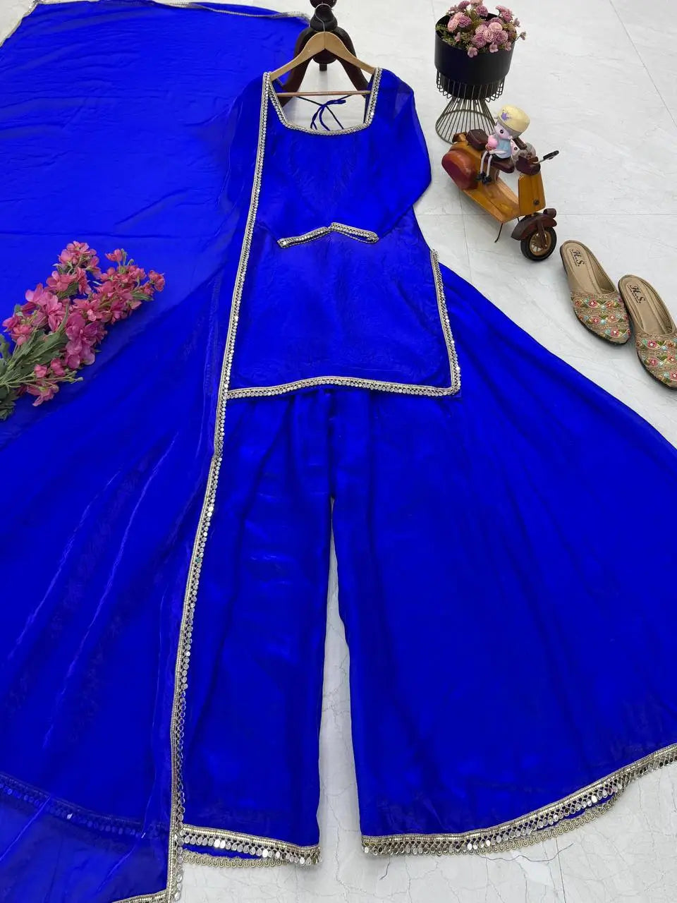 Fandy Silk Mirror Work Kurti Palazzo Set with Dupatta | Festive Party Wear