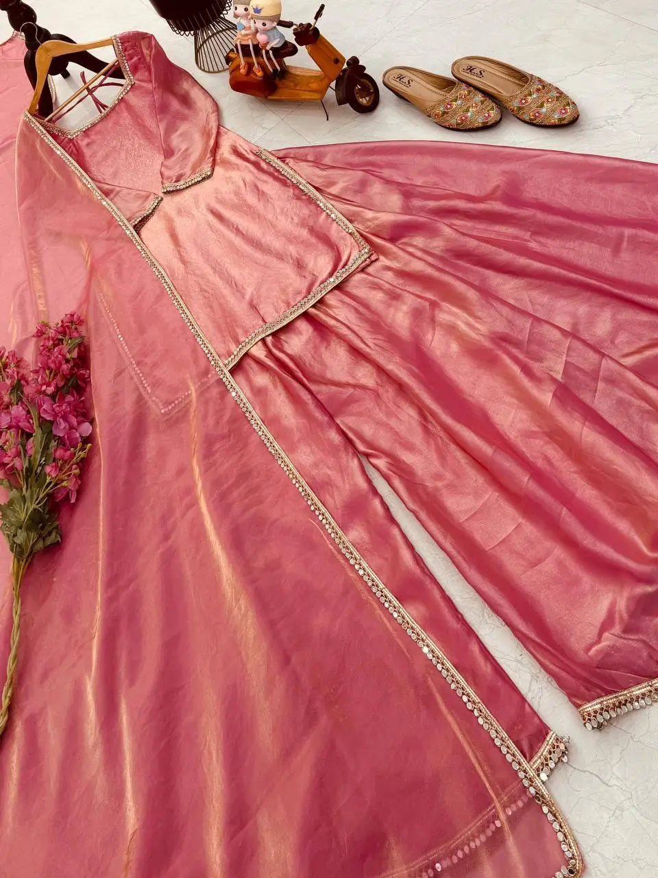 Fandy Silk Mirror Work Kurti Palazzo Set with Dupatta | Festive Party Wear