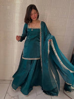 Fandy Silk Mirror Work Kurti Palazzo Set with Dupatta | Festive Party Wear