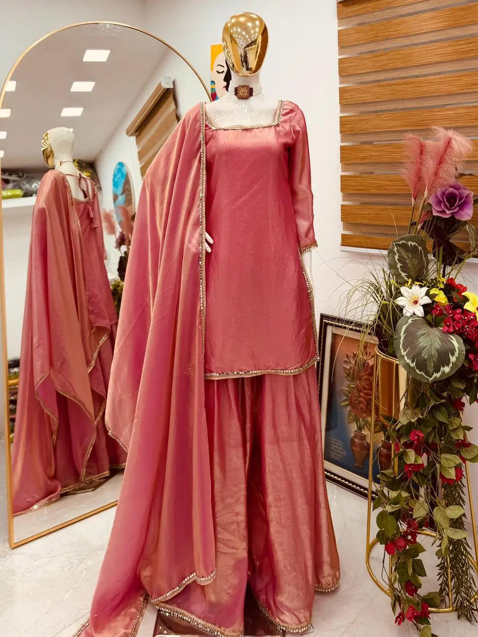 Fandy Silk Mirror Work Kurti Palazzo Set with Dupatta | Festive Party Wear