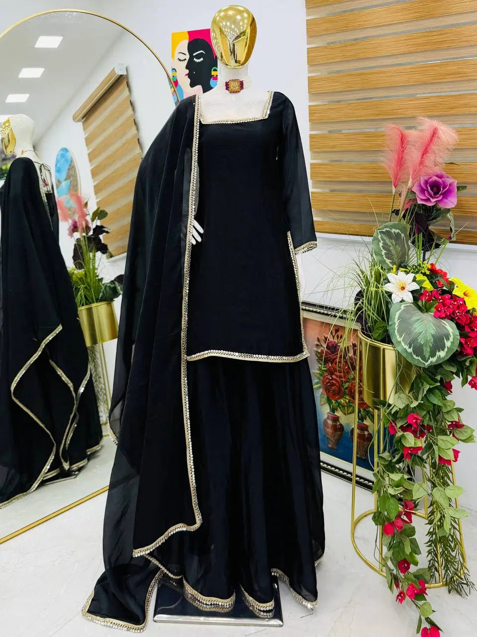 Fandy Silk Mirror Work Kurti Palazzo Set with Dupatta | Festive Party Wear