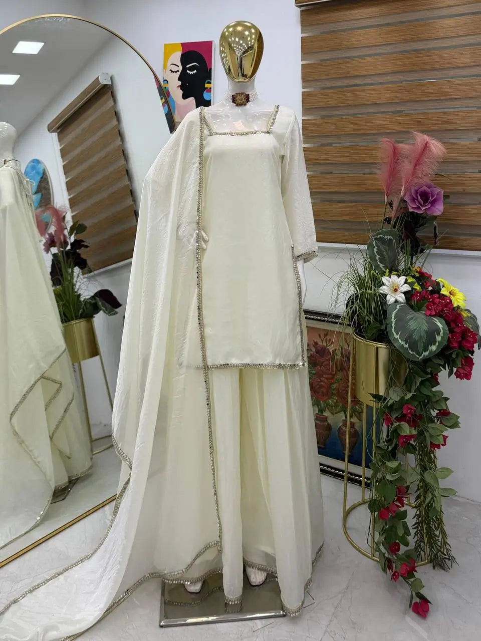 Fandy Silk Mirror Work Kurti Palazzo Set with Dupatta | Festive Party Wear