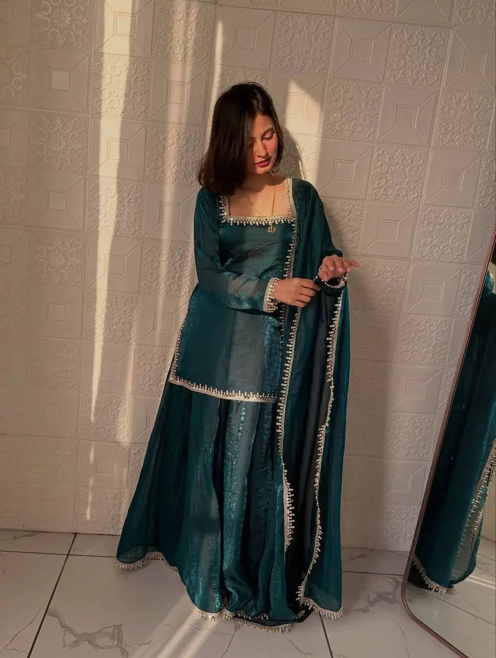 Fandy Silk Mirror Work Kurti Palazzo Set with Dupatta | Festive Party Wear