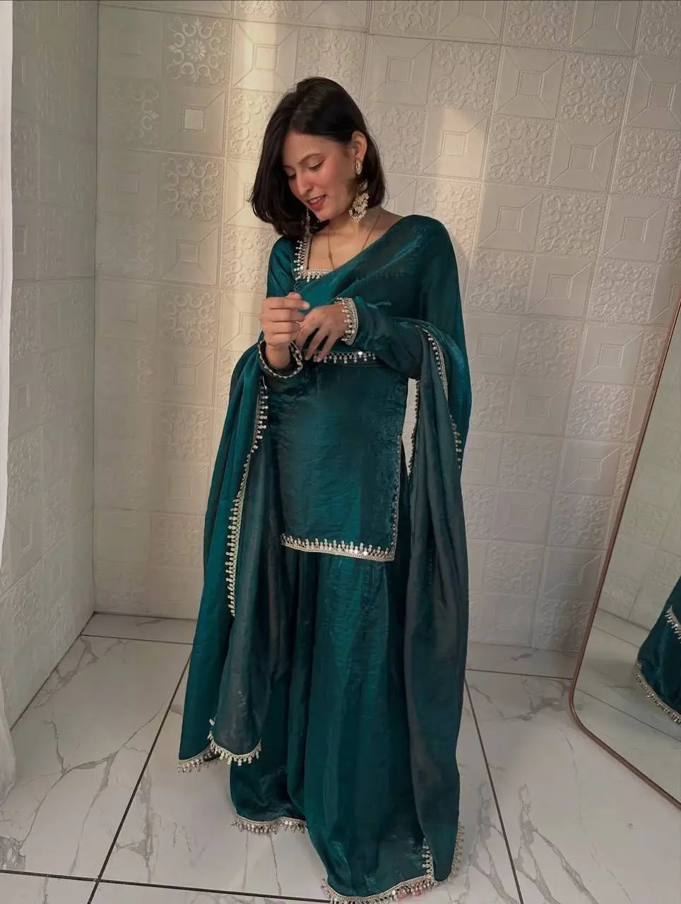 Fandy Silk Mirror Work Kurti Palazzo Set with Dupatta | Festive Party Wear