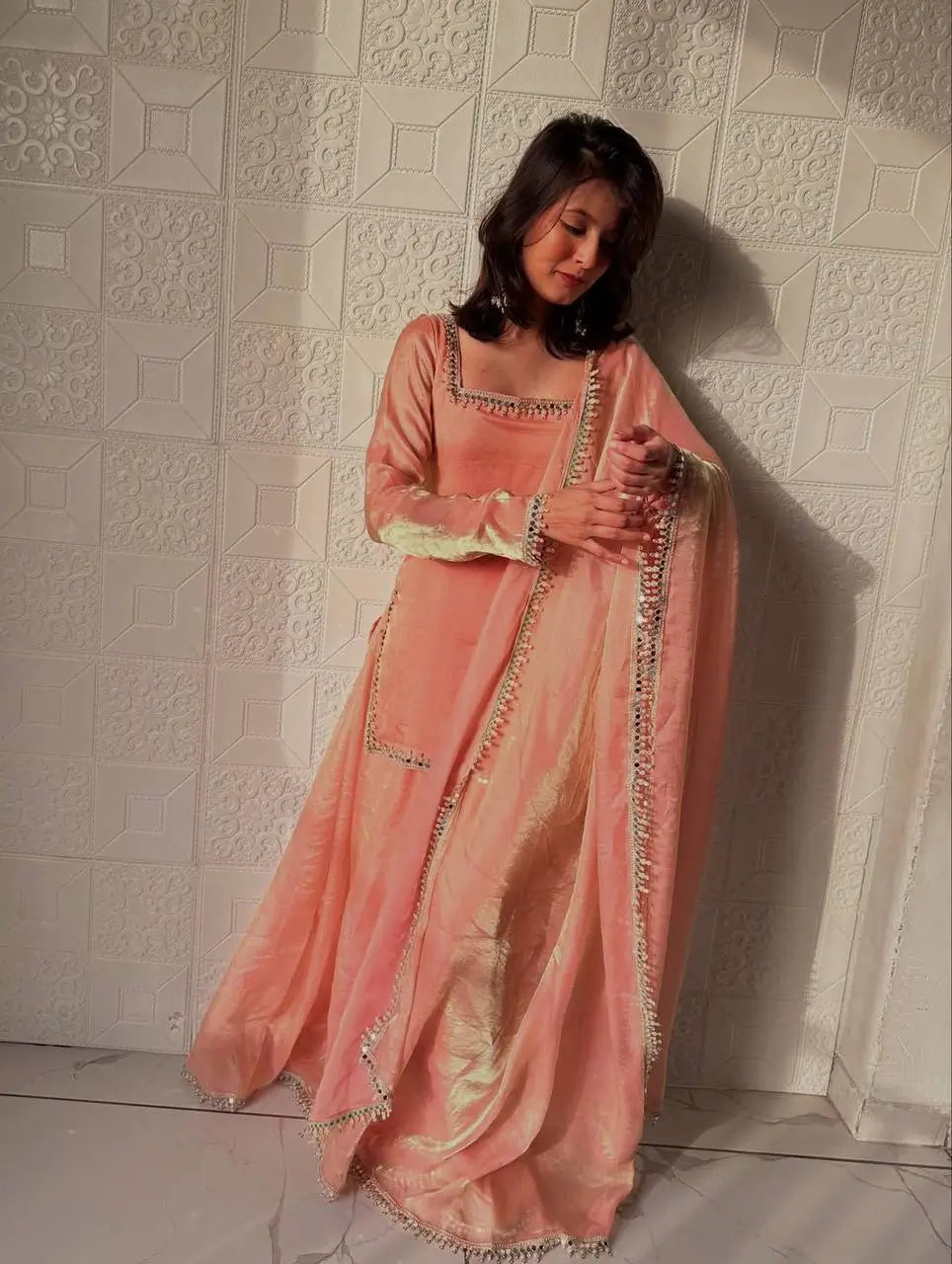 Fandy Silk Mirror Work Kurti Palazzo Set with Dupatta | Festive Party Wear