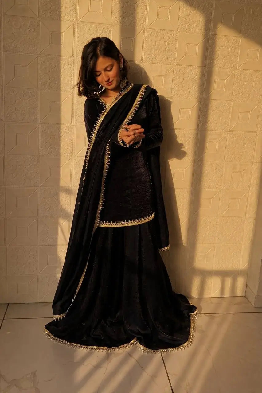 Fandy Silk Mirror Work Kurti Palazzo Set with Dupatta | Festive Party Wear