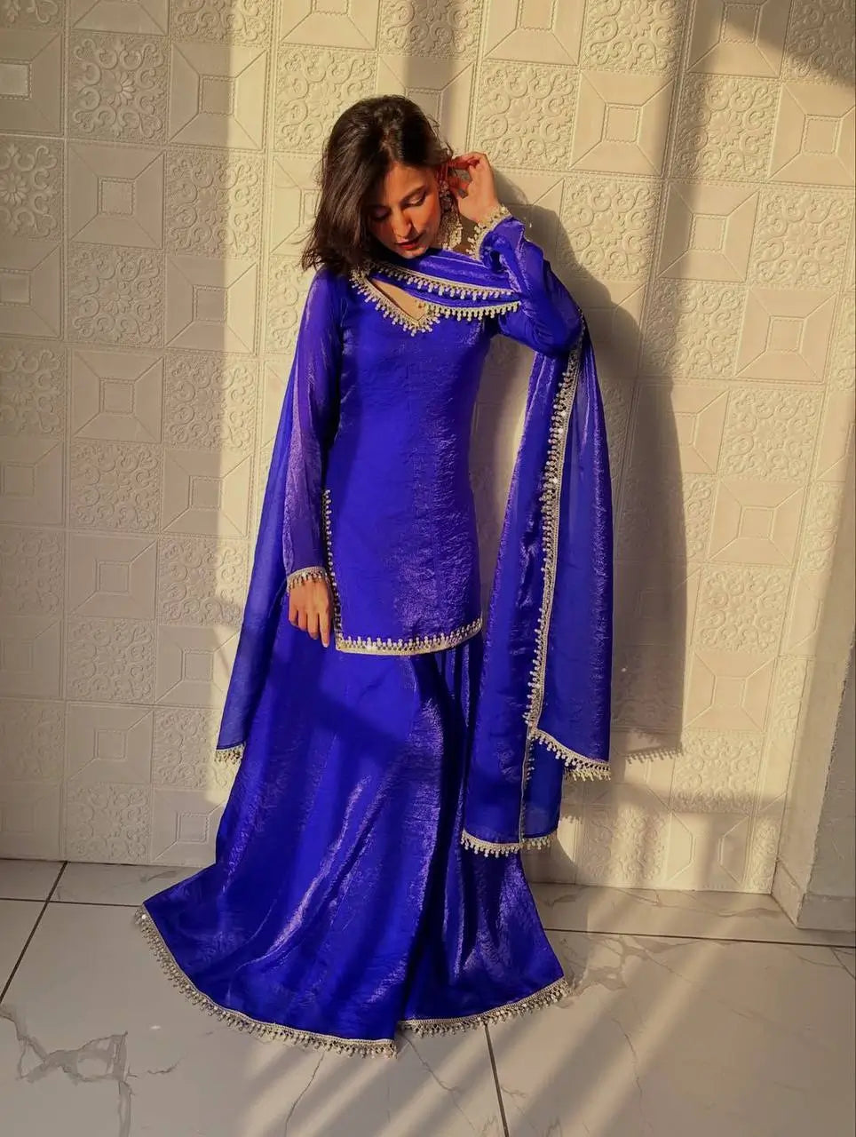 Fandy Silk Mirror Work Kurti Palazzo Set with Dupatta | Festive Party Wear