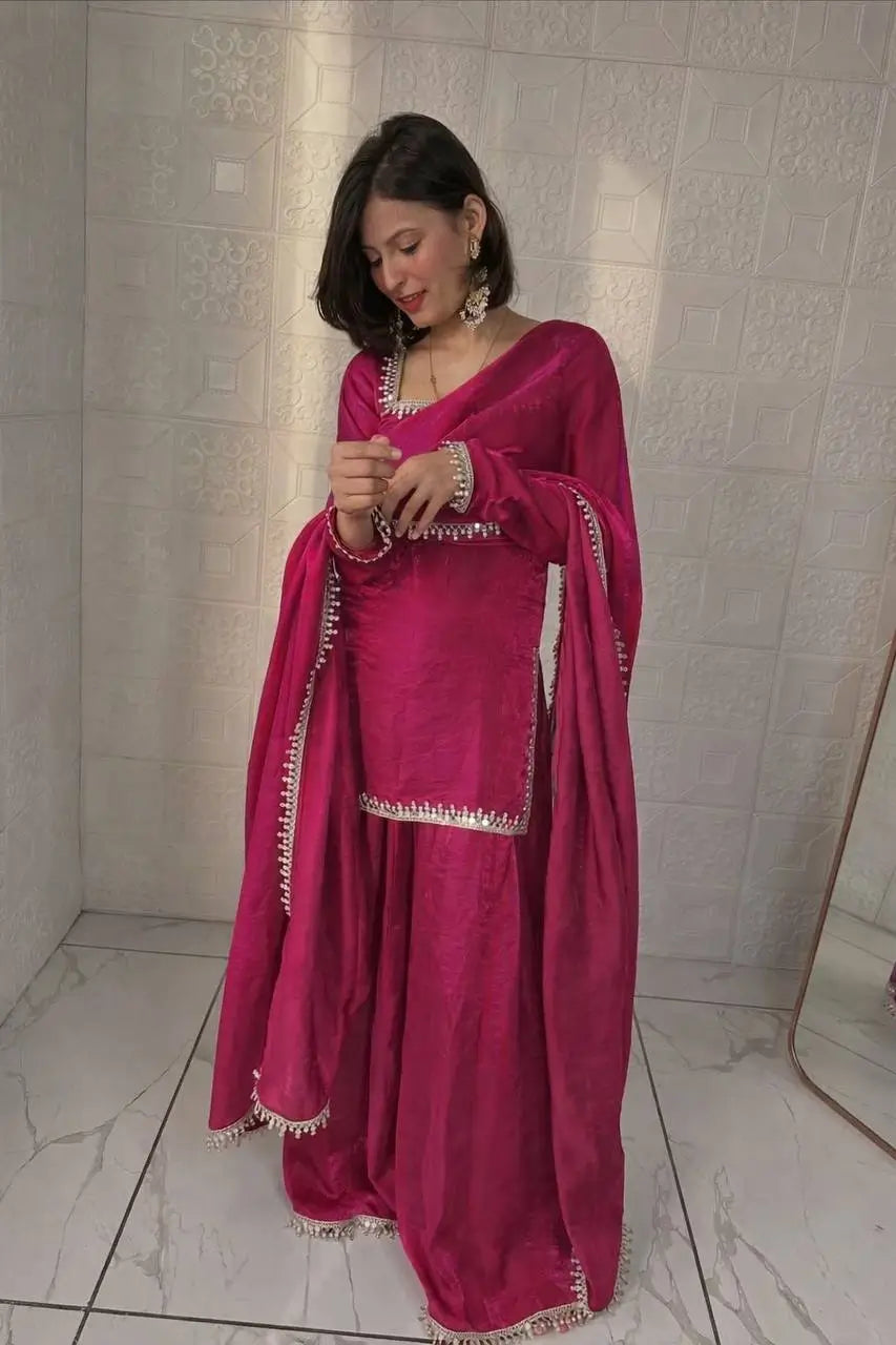 Fandy Silk Mirror Work Kurti Palazzo Set with Dupatta | Festive Party Wear