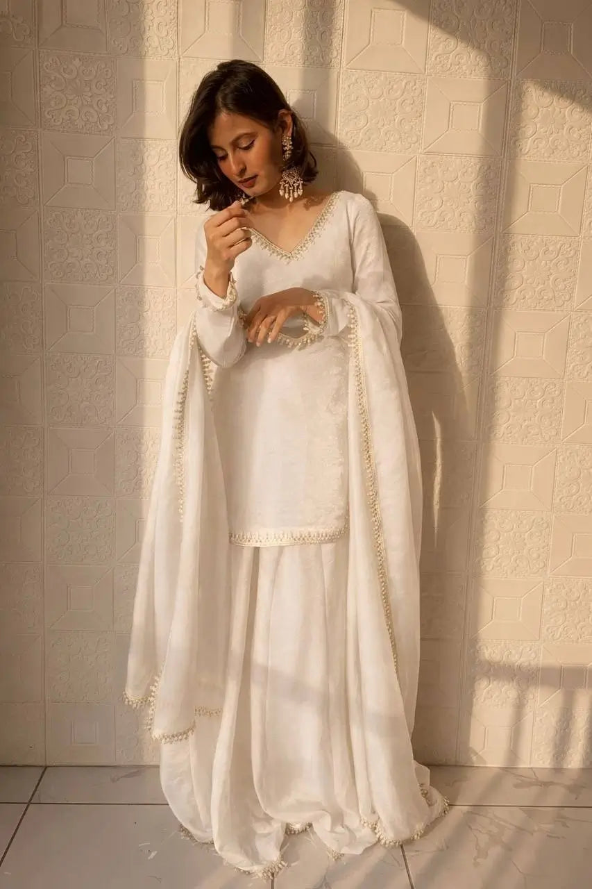 Fandy Silk Mirror Work Kurti Palazzo Set with Dupatta | Festive Party Wear
