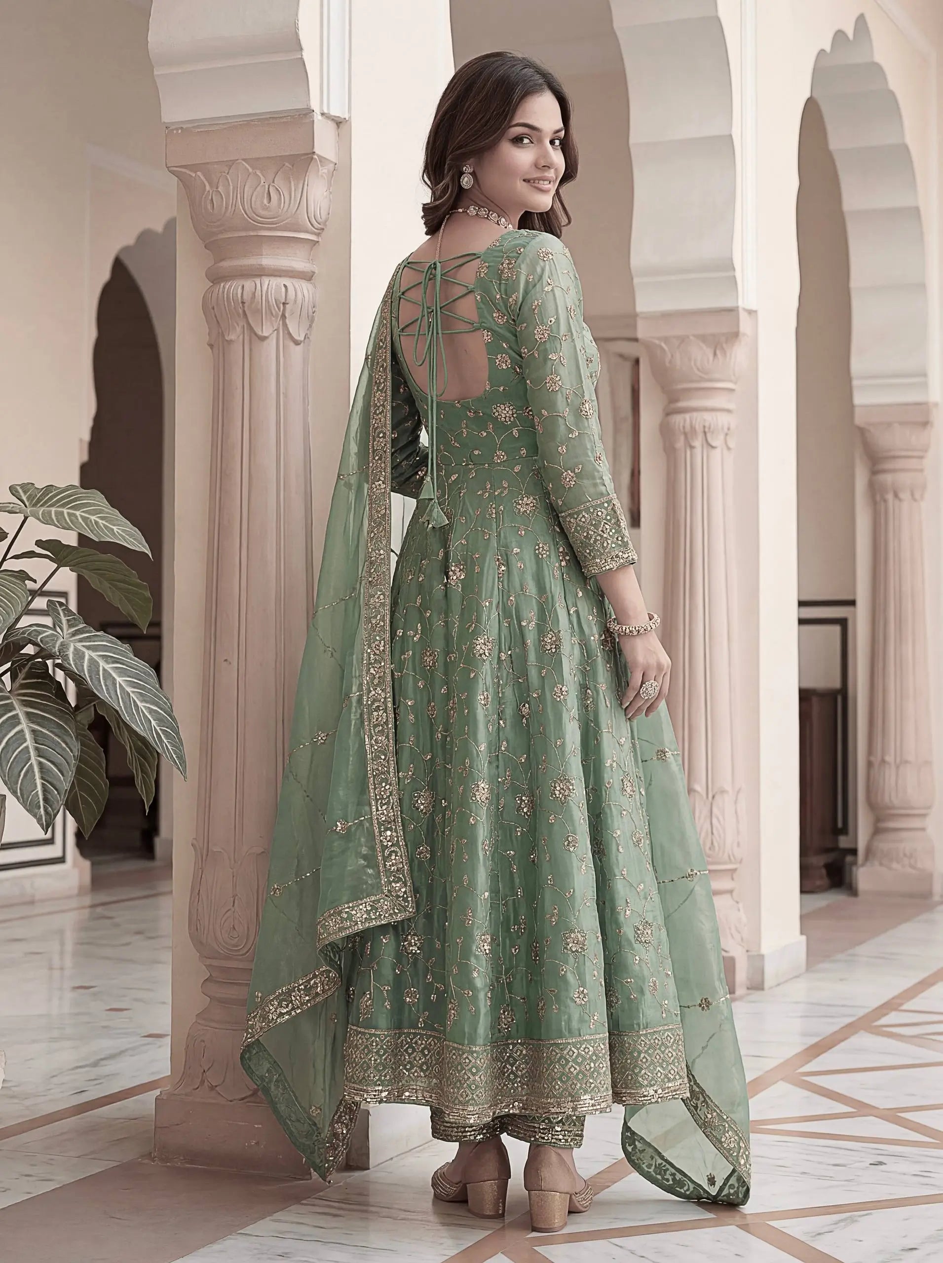 Fandy Silk Ready to Wear Anarkali Gown Set with Full Embroidery, Zari Sequins Dupatta & Bottom