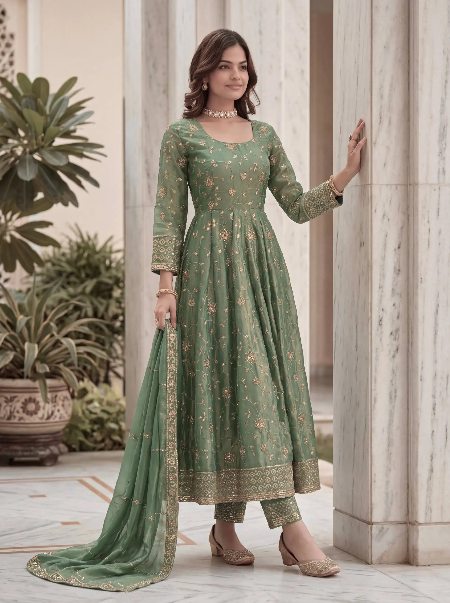 Fandy Silk Ready to Wear Anarkali Gown Set with Full Embroidery, Zari Sequins Dupatta & Bottom