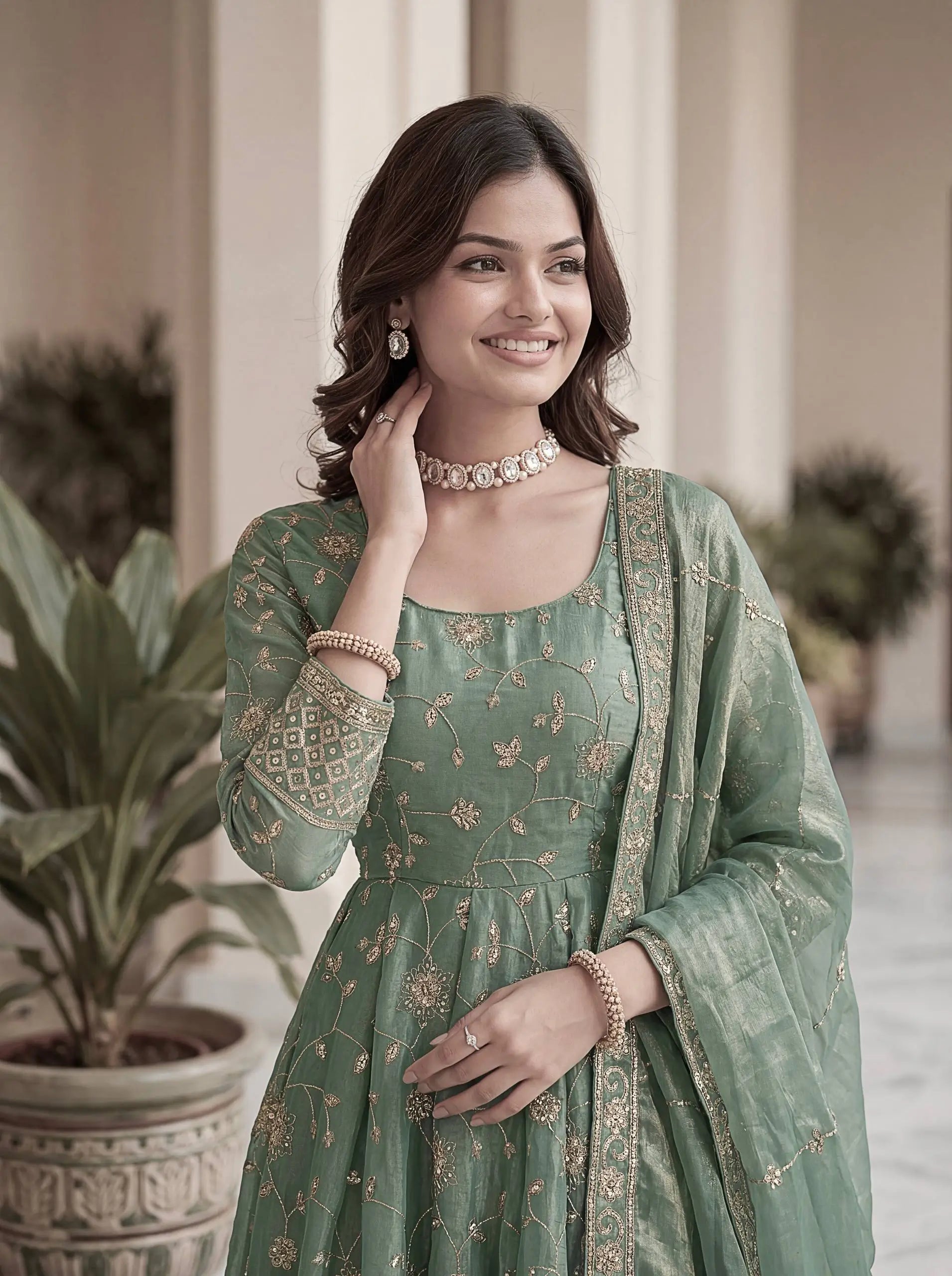 Fandy Silk Ready to Wear Anarkali Gown Set with Full Embroidery, Zari Sequins Dupatta & Bottom