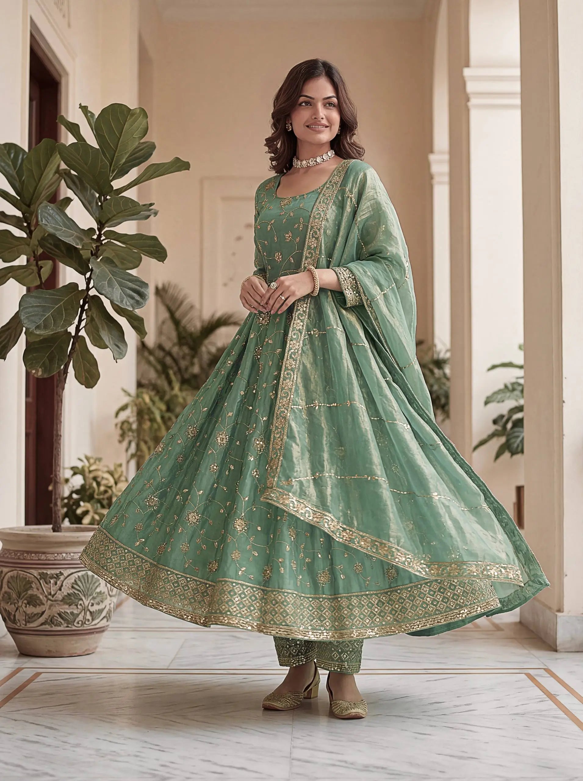 Fandy Silk Ready to Wear Anarkali Gown Set with Full Embroidery, Zari Sequins Dupatta & Bottom