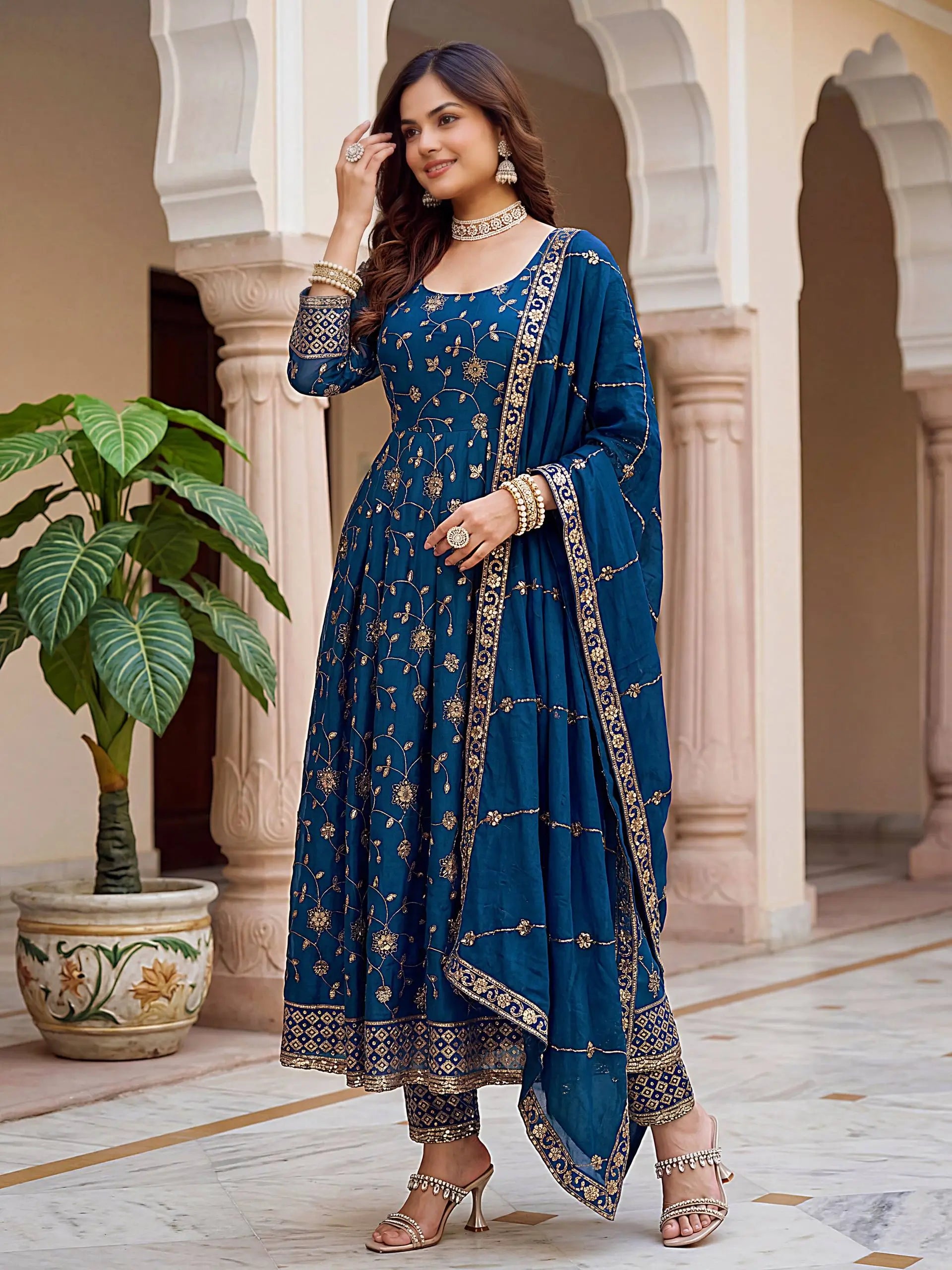 Fandy Silk Ready to Wear Anarkali Gown Set with Full Embroidery, Zari Sequins Dupatta & Bottom